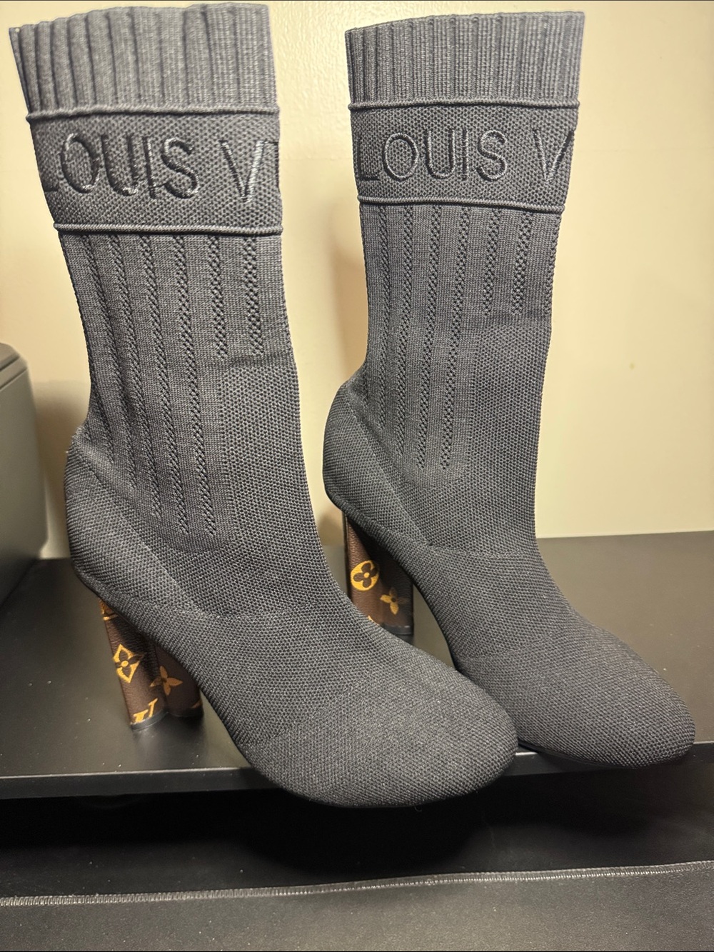 Louis Vuitton Black Knit Sock Boots with Monogram Block Heel Accent